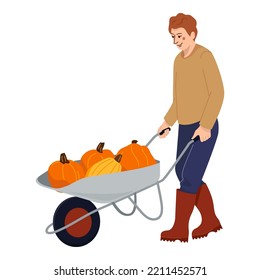 Farmer pushing wheelbarrow with autumn harvest. Farm worker going with garden cart with pumpkins harvest. Man and pushcart. Colored flat vector illustration isolated on white background