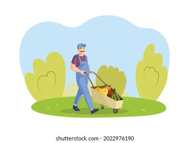 Farmer pushing wood wheelbarrow with autumn harvest. Man and pushcart with organic local vegetables watermelons, pumpkins, carrots. Countryside lifestyle cartoon vector