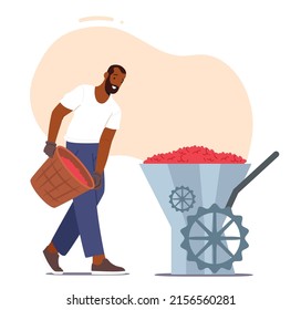 Farmer Put Coffee Beans in Grinding Machine Working on Plantation or Factory Isolated on White Background. African Character Growing Harvest, Industry, Cultivation. Cartoon People Vector Illustration