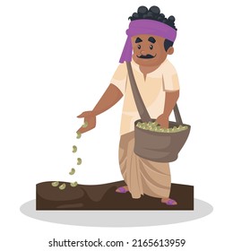 Farmer is putting seeds in the farm. Vector graphic illustration. Individually on a white background. 