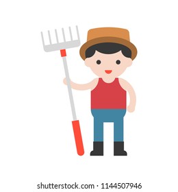 farmer and rake, cute character professional set, flat design