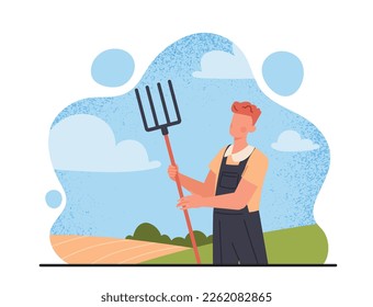 Farmer with rake. Man plows fields, collects hay or removes leaves in autumn. Agriculture and countryside, rural worker. Village landscape. Cartoon flat vector illustration
