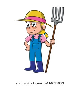 Farmer with rake and straw hat. Colorful vector illustration for children