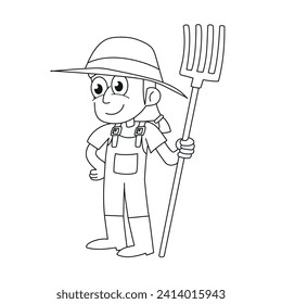 Farmer with rake and straw hat. Vector illustration for coloring