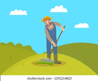 Farmer with rake working on field vector. Man gardener spreading compost fertilizing land ground of farm. Hill with green grass and bushes in distant