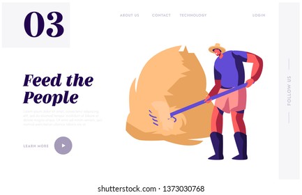 Farmer Rancher Man with Pitchfork Sticking Haystack. Villager Male Character Work at Village Farm Harvesting Hay, Agriculture Website Landing Page, Web Page. Cartoon Flat Vector Illustration, Banner