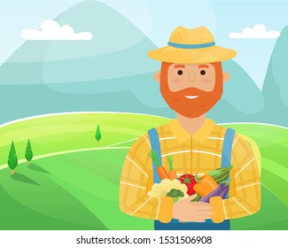 A farmer with a red beard in a straw hat, a plaid shirt and a crop in his hands. Flat vector illustration.