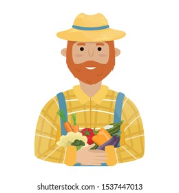 A farmer with a red beard in a straw hat, a plaid shirt and a crop in his hands. Flat vector illustration.