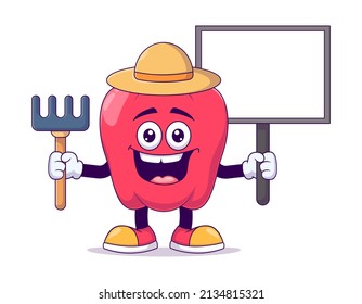 Farmer red bell pepper cartoon mascot character vector illustration design