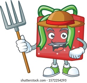 Farmer red gift box cartoon character with hat and tools