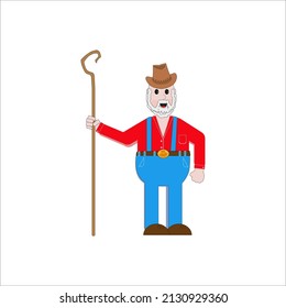 A farmer in a red shirt holds a staff on a white background
