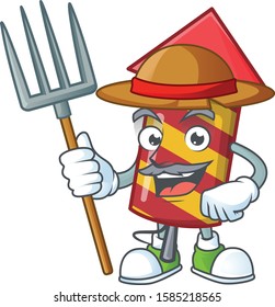 Farmer red stripes fireworks rocket cartoon character with hat and tools
