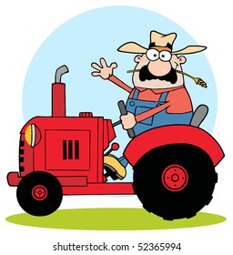 Farmer In Red Tractor  Waving A Greeting