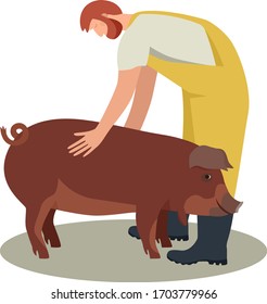 Farmer with Red Wattle hog  Breeds of domestic pigs Flat vector illustration Cattle breeding and stock raising set