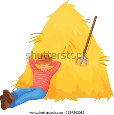 Farmer rest in haystack. Rural life. Farm work isolated on white background