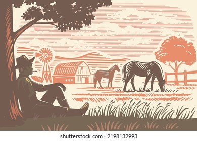 Farmer resting by tree sketch vector. Village with horses.