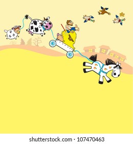 farmer return home after work , children illustration