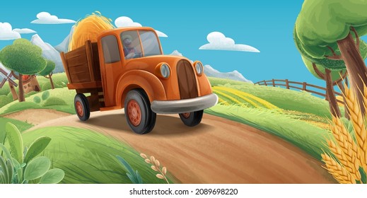 farmer rides on a van with wheat