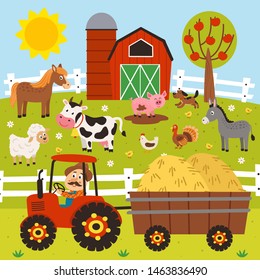 
Farmer Rides A Tractor And Farm Animals Stand In The Barnyard - Vector Illustration, Eps    