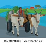 farmer riding a bullock cart Indian village