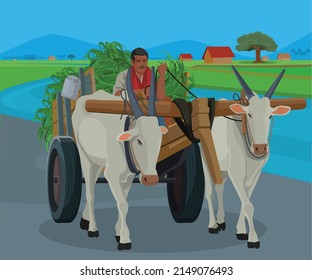 farmer riding a bullock cart Indian village