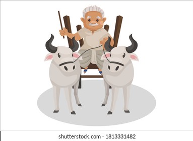 Farmer is riding a bullock cart. Vector graphic illustration. Individually on a white background.