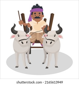 Farmer is riding a bullock cart. Vector graphic illustration. Individually on a white background. 
