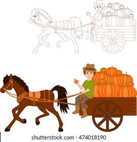 Farmer riding a cart with pumpkins. Coloring and color image 