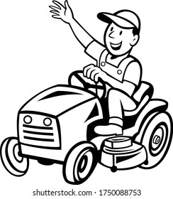 Farmer Riding Ride-on Mower Waving Hand Cartoon Black and White
