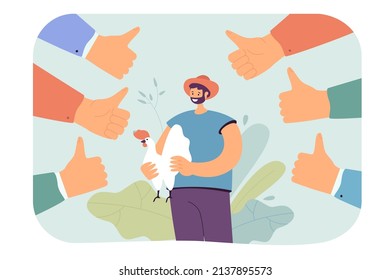 Farmer with rooster surrounded by thumbs up. Smiling man in hat getting public approval flat vector illustration. Occupation, public opinion concept for banner, website design or landing web page