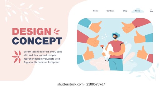 Farmer with rooster surrounded by thumbs up. Vector illustration
