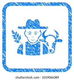 Farmer rubber seal stamp imitation. Icon vector symbol with grunge design and dirty texture inside rounded squared frame. Scratched blue sticker on a white background.