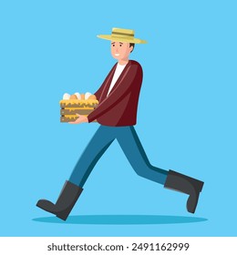 Farmer running with a box of eggs. Farmer's harvest. Vector illustration in flat style.