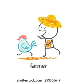 farmer running for chicken, illustrator