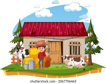 Farmer At The Rural Old Farm House  Illustration