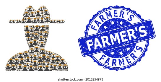 Campesino S corroyó sello redondo y portador de imagen recursiva de un campesino campesino. El sello azul contiene la etiqueta Farmer S dentro de forma redonda. El mosaico vectorial se crea a partir de pictogramas personales campesinos al azar.