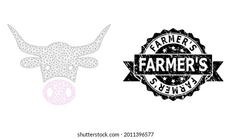 Farmer S textured stamp and vector cow head mesh structure. Black stamp seal includes Farmer S title inside ribbon and rosette. Abstract flat mesh cow head, created from flat mesh.