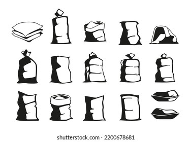Farmer sack. Black silhouette symbol of burlap bags with agricultural harvest, natural organic food agronomy gardening concept. Vector set. Big heavy packages with products storage