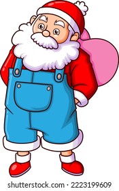 The farmer santa claus is standing and holding the big pink sack in the back of illustration