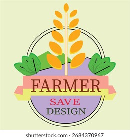 Um agricultor salvar o logotipo do projeto com trigo e folhas em um fundo verde claro. O logótipo destina-se a uma empresa ou organização agrícola. Design gráfico vetorial.