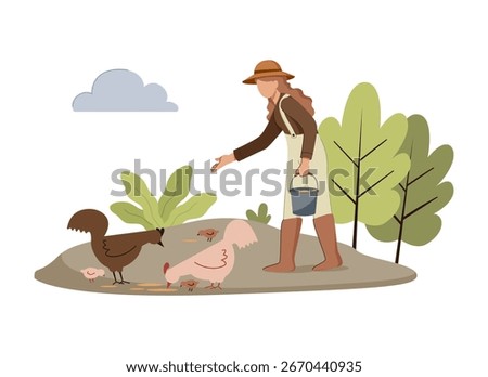 Farmer scatters grain to feed chickens near garden plants. Farming concept, Agriculture illustration