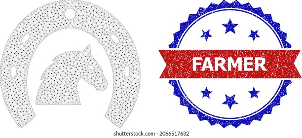 Farmer scratched stamp, and horse farming icon mesh model. Red and blue bicolor stamp seal has Farmer text inside ribbon and rosette. Abstract flat mesh horse farming, created from flat mesh.