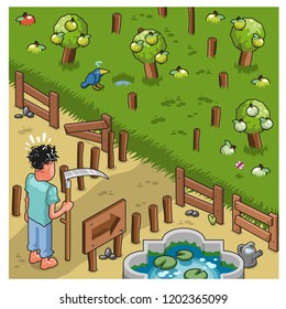 Farmer with scythe about to mow a high grass meadow with apple trees (isometric illustration)
