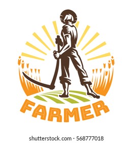 A Farmer With A Scythe In A Field. Farmer Emblem