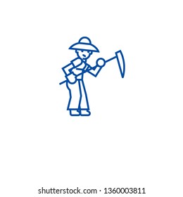 Farmer with scythe line icon concept. Farmer with scythe flat  vector symbol, sign, outline illustration.