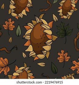 Farmer seamless pattern. Leaves, pumpkin. Autumn. Halloween decorations.