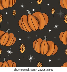 Farmer seamless pattern. Leaves, pumpkin. Autumn. Halloween decorations.