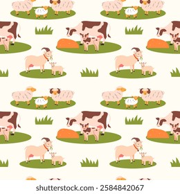 Farmer seamless pattern with pets on white background