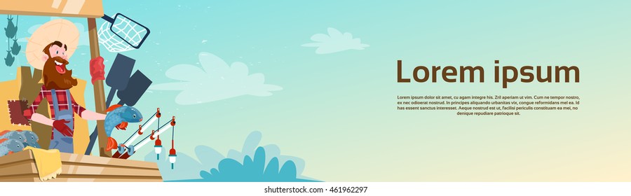Farmer Sell Fresh Fish Eco Farm Organic Market Flat Vector Illustration