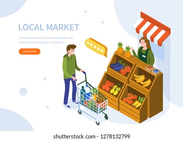 Farmer Sell Locally Grown Fruits And Vegetables. Can Use For Web Banner, Infographics, Hero Images. Flat Isometric Vector Illustration Isolated On White Background.